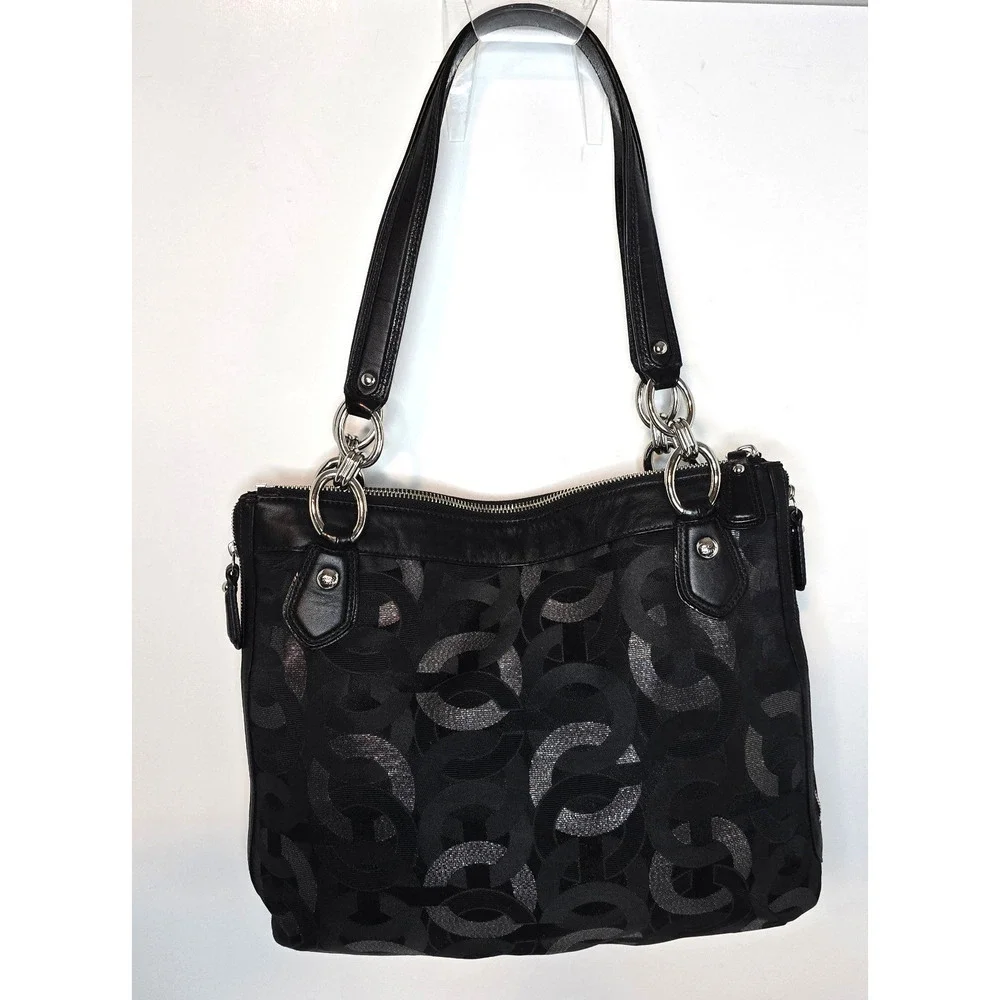 Coach Sig Kristin Metallic Zip Bag Tote Shoulder Bag Black/Silver 18286